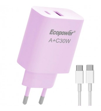 Cargador Ecopower EP-7091 USB-A/USB-C 30W C/Cable- Rosado 