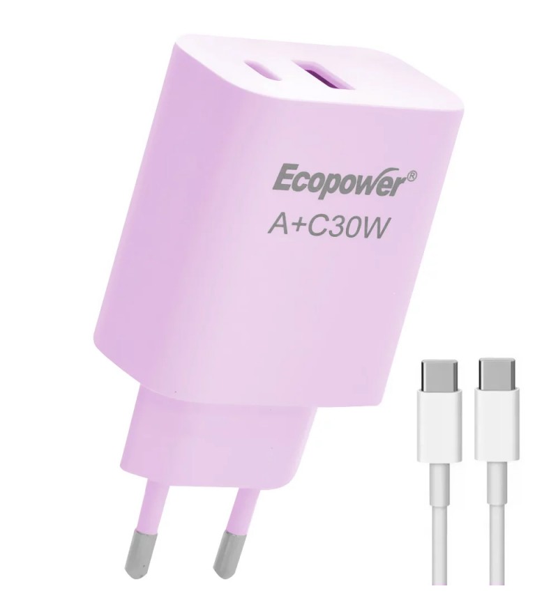 Cargador Ecopower EP-7091 USB-A/USB-C 30W C/Cable- Rosado 