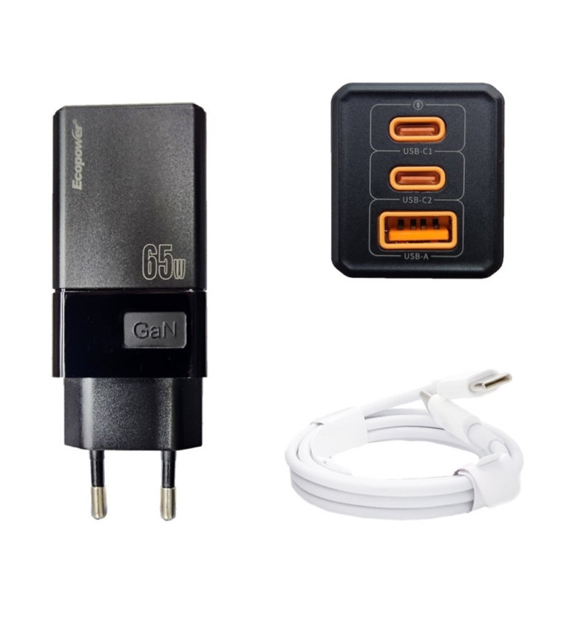 Cargador Ecopower EP-7025 1USB/2USB-C 65W C/Cable- Blanco