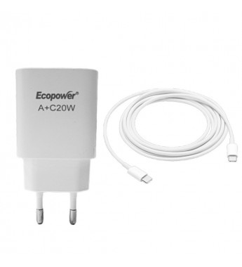 Cargador Ecopower EP-7090 USB-A/USB-C 20W con Cable - Blanco