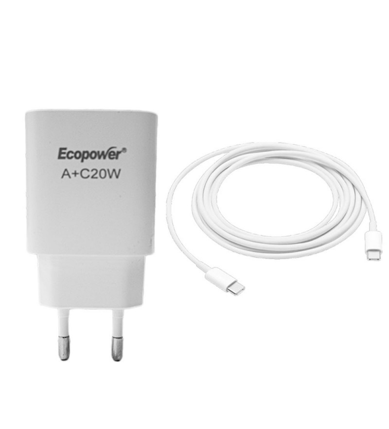 Cargador Ecopower EP-7090 USB-A/USB-C 20W con Cable - Blanco