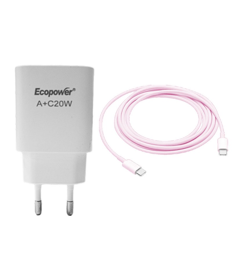 Cargador Ecopower EP-7090 USB-A/USB-C 20W con Cable Rosa