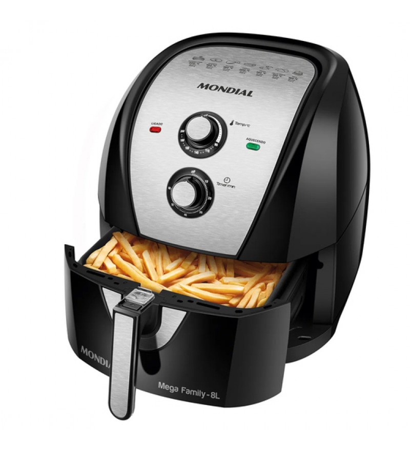 Freidora Eléctrica Mondial Air Fryer Grand Family Inox AFN-80-BI con 1900W/8L/220V - Negro/Plata