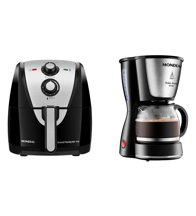 Freidora Eléctrica Mondial Air Fryer AF-55i con 2000W/5.5L + Cafetera Mondial Dolce Arome C-30-18X para hasta 18 Tazas - 110V 