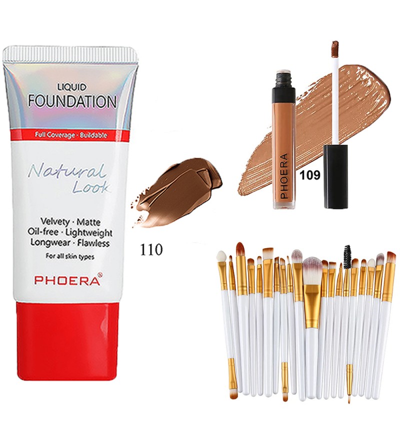 Kit Maquillaje Phoera con Brochas Kit Otwoo(20 Piezas)/Corrector Líquido Full/Base Natural Look - (3 Piezas)
