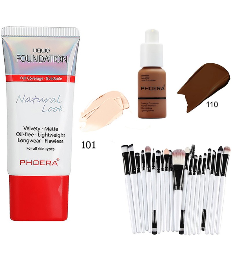 Kit Maquillaje Phoera con Brochas Kit Otwoo(20 Piezas)/Base Soft Matte Finish/Base Natural Look - (3 Piezas)