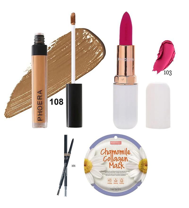 Kit Maquillaje Phoera con Labial Absolute Matte/Corrector Líquido Full/Lápiz De Cejas Ultra-slim/Mascara Purederm - (4 Piezas)