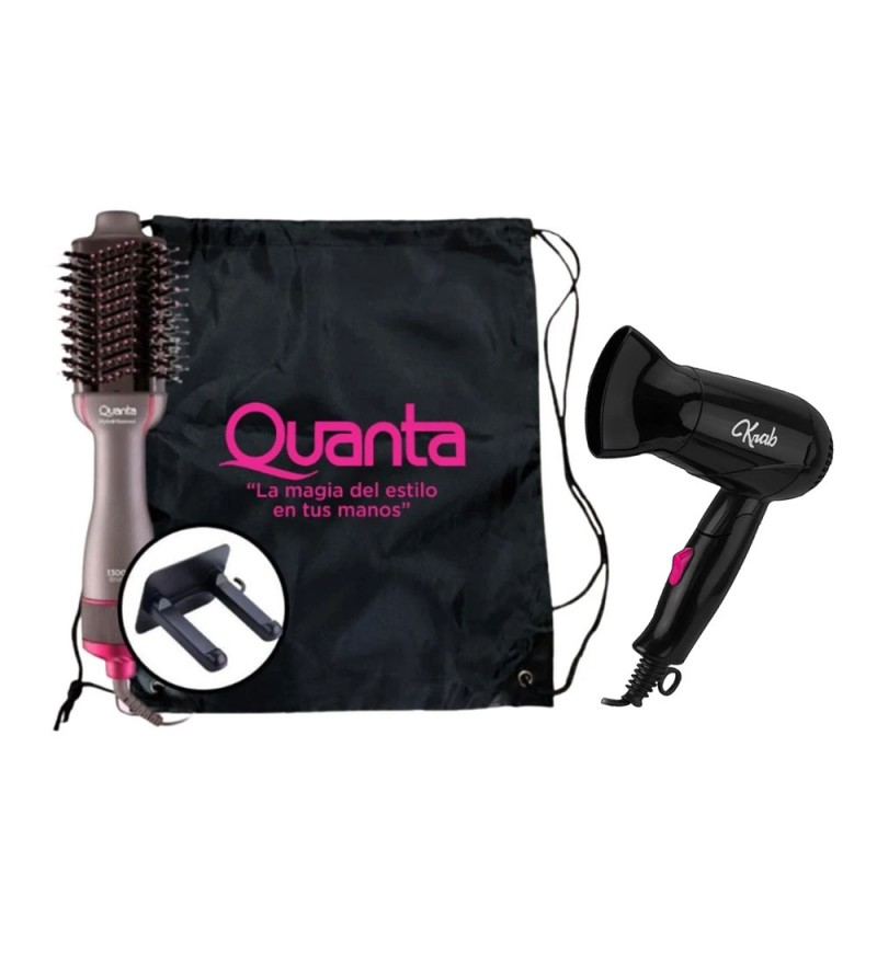 Cepillo Secador Quanta QTES6000N Bivolt - Gris/Rosa+Bolso+Secador KBSC12