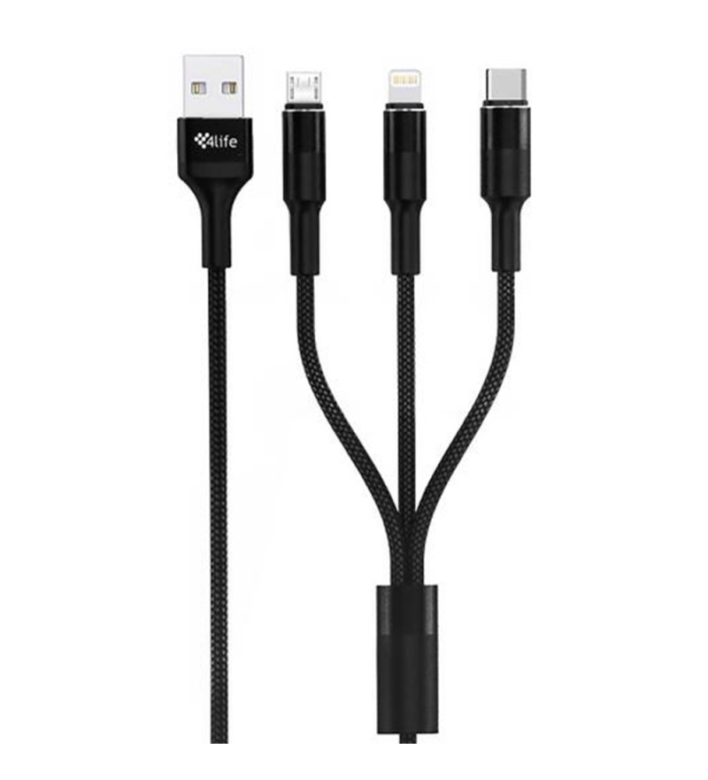 Cable 3en1 4life FLCALMTIM Micro USB/Lightning/USB-C (1 Metro) - Black