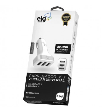 Cargador Vehicular ELG CC3S 3 salidas USB 2.1A - Blanco/Plata
