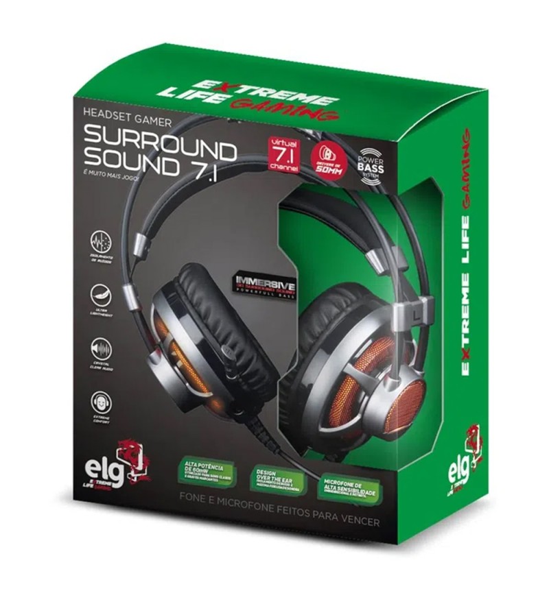 Headset ELG Surround Sound 7.1 HGSS71 Gaming Micrófono Retráctil/Driver de 50 mm - Plata/Negro