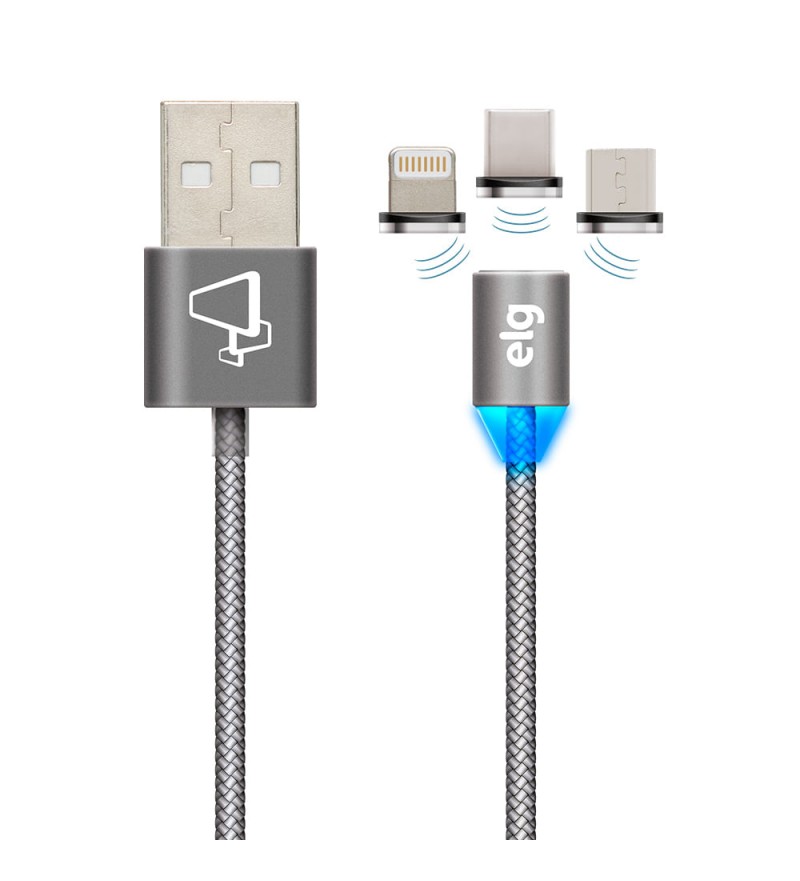 Cable ELG PW315MBS Puntas Magnéticas 3 en 1 Lightning + USB Tipo-C + MicroUSB (1.5 metros) - Gris