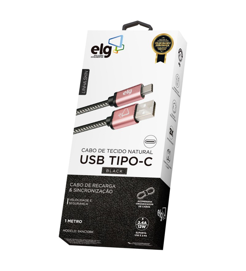 Cable ELG SKNC10BK Tela Reforzado USB a USB Tipo-C (1 metro) - Negro/Rosa