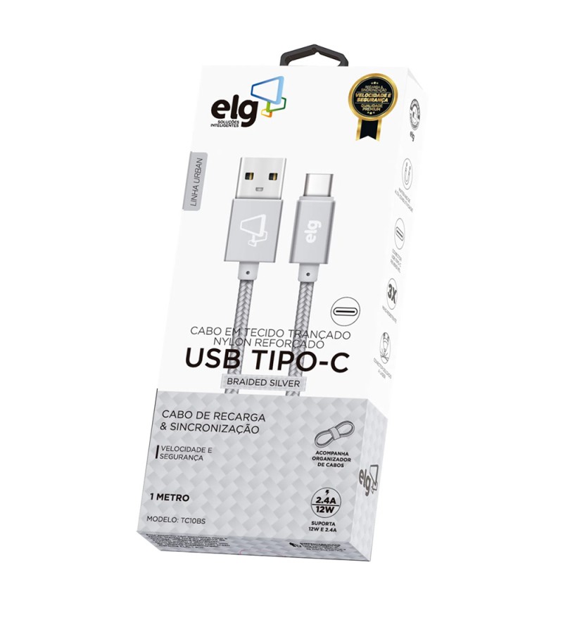 Cable ELG TC10BS Nylon USB a USB Tipo-C (1 metro) - Plata