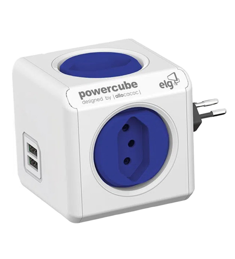 Zapatilla Eléctrica ELG Power Cube PWC-R4U con 4 Enchufes Tripolar/2 USB/Bivolt - Blanco/Azul