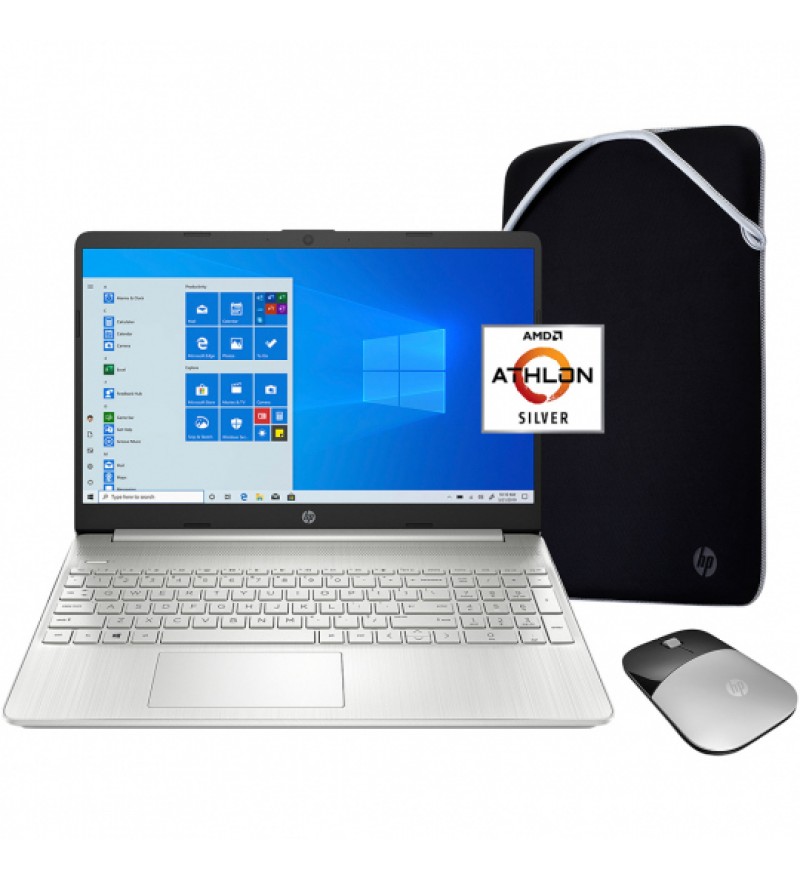 Notebook HP 15-ef1071wm de 15.6" HD con AMD Athlon 3050U APU/4GB RAM/128GB SSD/W10 - Plata + Mouse y Funda HP