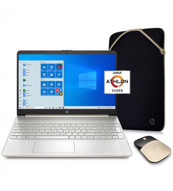 Notebook HP 15-ef1072wm de 15.6" HD con AMD Athlon 3050U APU/4GB RAM/128GB SSD/W11 - Pale Gold + Mouse y Funda HP