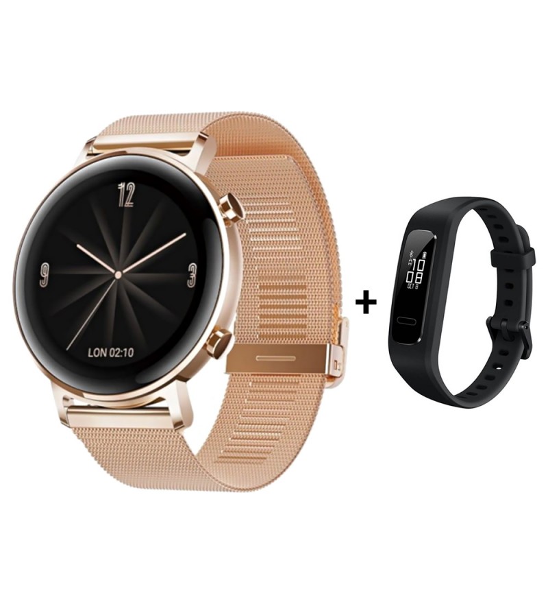 Smartwatch Huawei Watch GT 2 DAN-B19 con Pantalla 1.2"/42mm/Bluetooth/GPS - Refined Gold + Smartwatch Huawei Band 4e AW70 - Negro