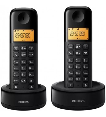 Teléfono Inalámbrico Philips D1302B con Identificador de Llamadas (2 Unidades) - Negro