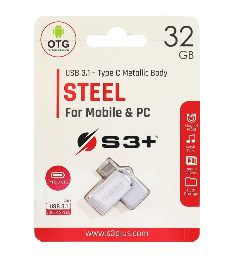 Pendrive S3+ STEEL 3.1 S3PD3104032AL-R de 32GB USB/USB-C - Plata