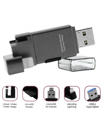 Lector de tarjeta microSD S3+ S3SPM0016GY con Conector Lightning/microUSB/USB + microSD de 16GB