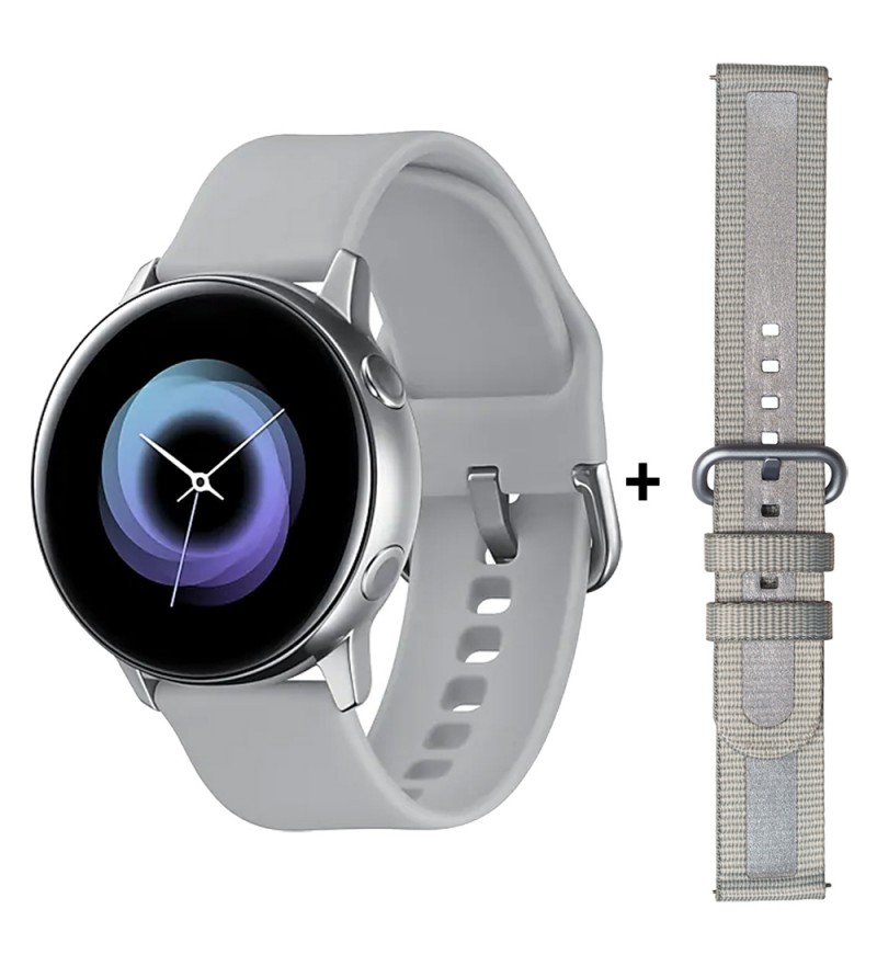 Smartwatch Samsung Galaxy Watch Active SM-R500 con Bluetooth/GPS/Wi-Fi/NFC - Plata (Gar. PY/UY/ARG) + Pulsera Samsung Active Textile GP-XVR500BRAJW - Gris