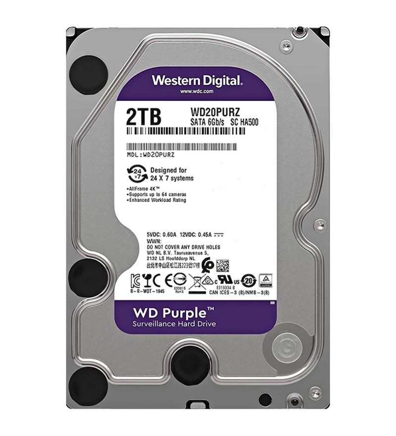 HD 3.5" Western Digital Purple Surveillance de 2TB WD20PURZ para Vigilancia 5400 RPM - Plata